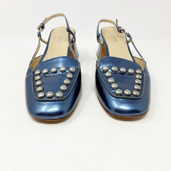 Coach Patent Leather Metallic Blue Studded Block Heel Sling Back Mules 8 - Picture 3 of 7